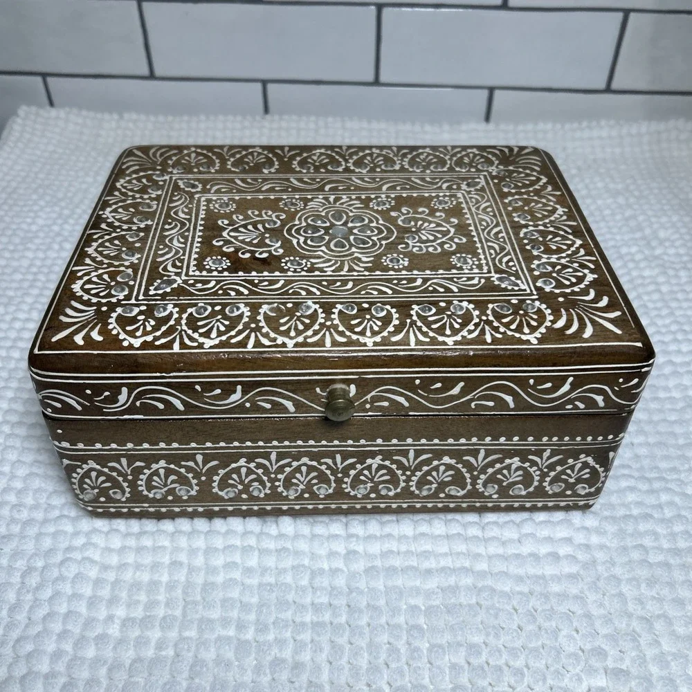 Teak Wood Hand Painted Box Embellished Approx 9.5x7.5x4.5 inches